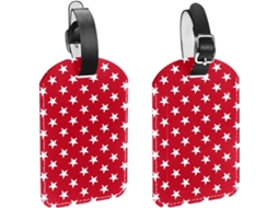 Conjunto De 2 Etiquetas Bagagem Em Couro Sintético Com Um Pequeno Padrão Estrelas Brancas Sobre Fundo Vermelho