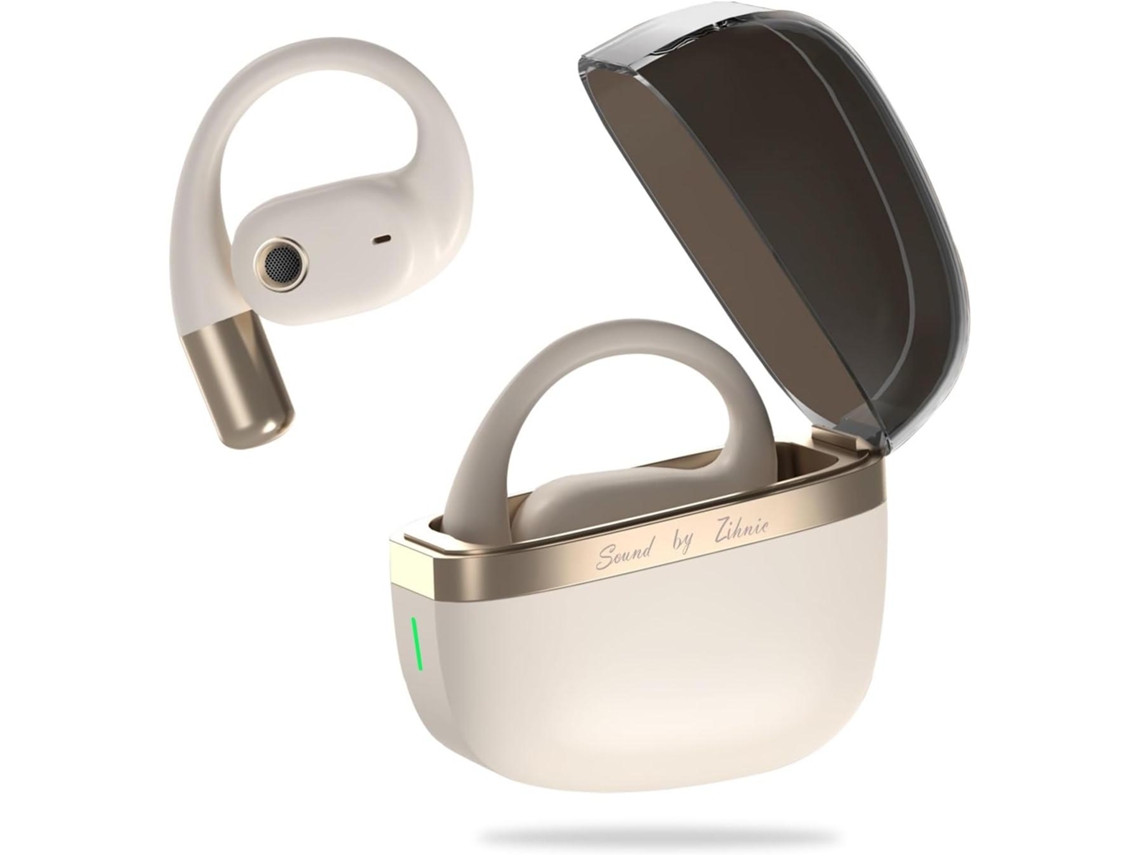 Fones de Ouvido Abertos com Ganchos Auriculares e Microfone, Resistentes Ao Suor, Carregamento Rápido, 35 Horas de Duração da Bateria, Bege. MDUG