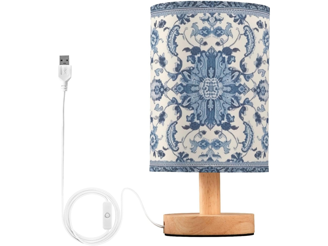 Abajur De Cabeceira Led Com Padrão Azul E Branco, Com Portas Usb, Luminária De Mesa, Luminária De Leitura, Luminária De