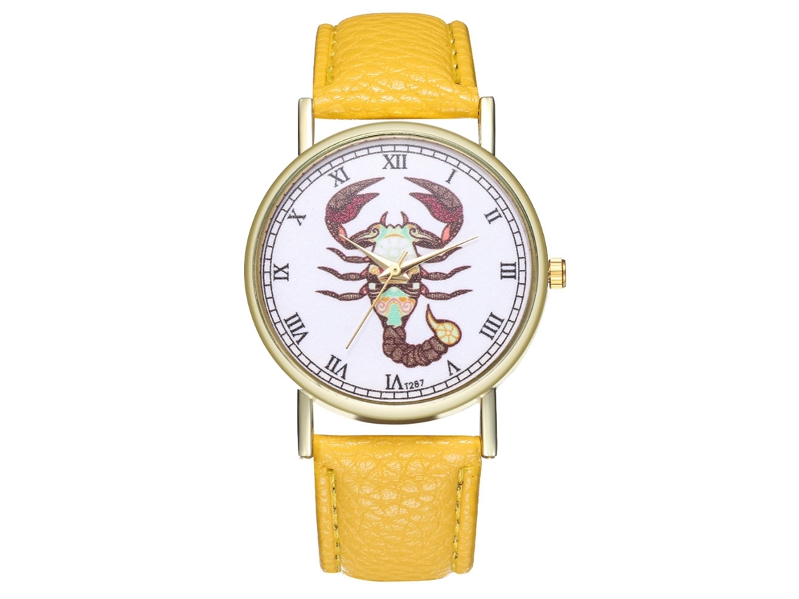 Relógio feminino moderno de quartzo com pulseira de couro PU e mostrador redondo amarelo.