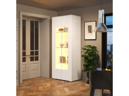 Vitrine para sala de estar, 70x40x173cm, 2 portas de acrílico, vidro temperado, iluminação LED, branca, MDF