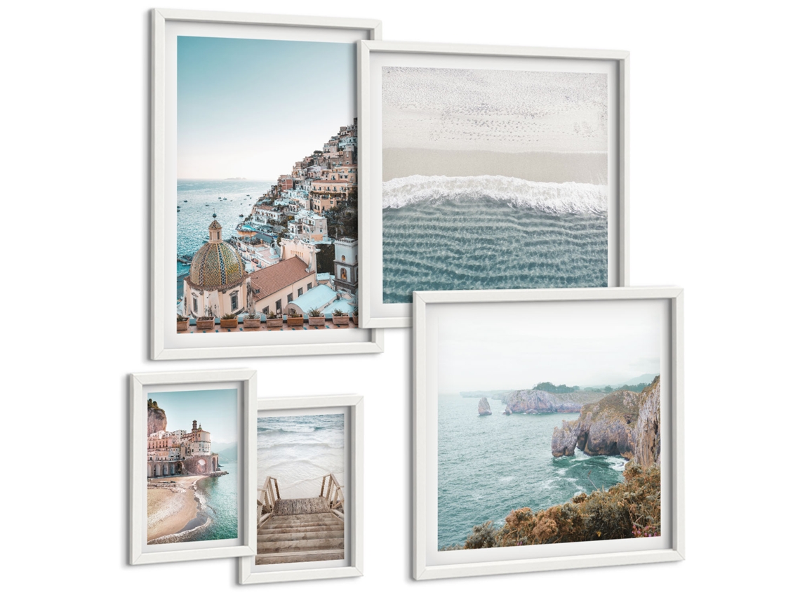 Galeria De Pinturas Murais Ilhas Tropicais, Água Turquesa Moldura Branca Fotos Para O Escritório Espelharte (conjunto De 5 Imagens)