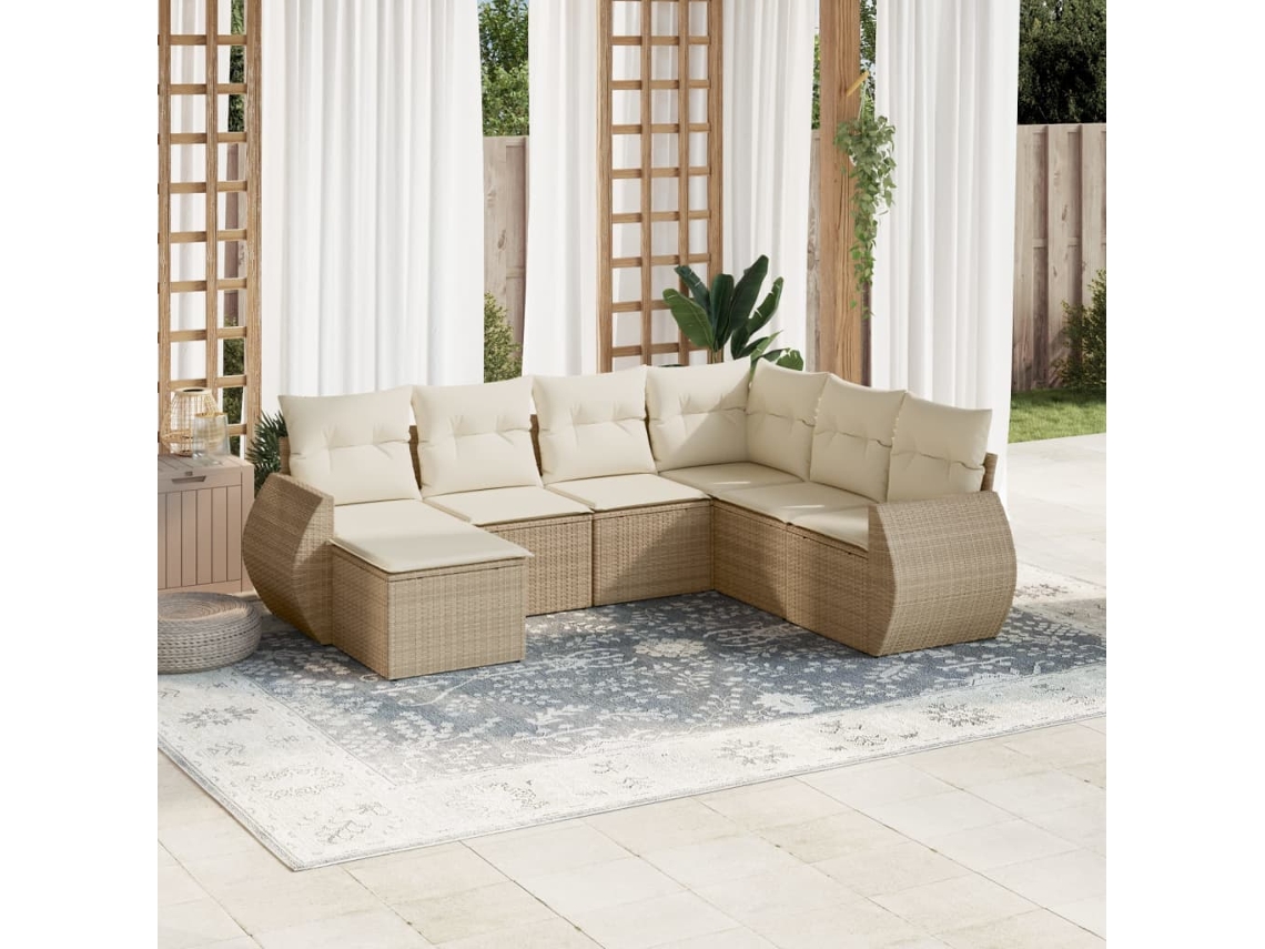 Vidaxl 7 Pcs Conjunto De Sofás P/ Jardim Com Almofadões Vime Pe Bege