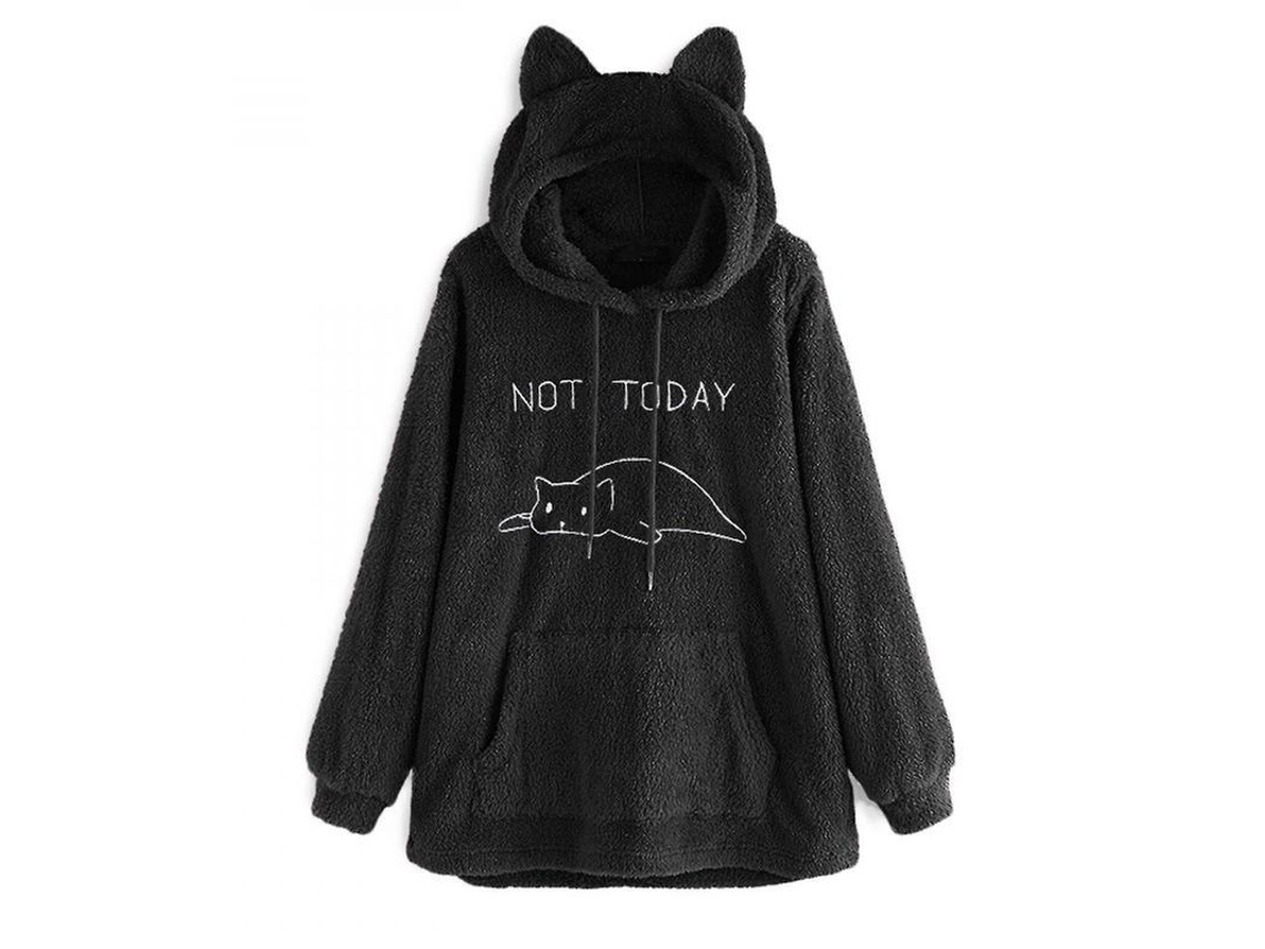 Sudadera com Capuz Oversize de Fleece com Orelhas de Gato para Mulher Outono Inverno L Negro | S/MARCA