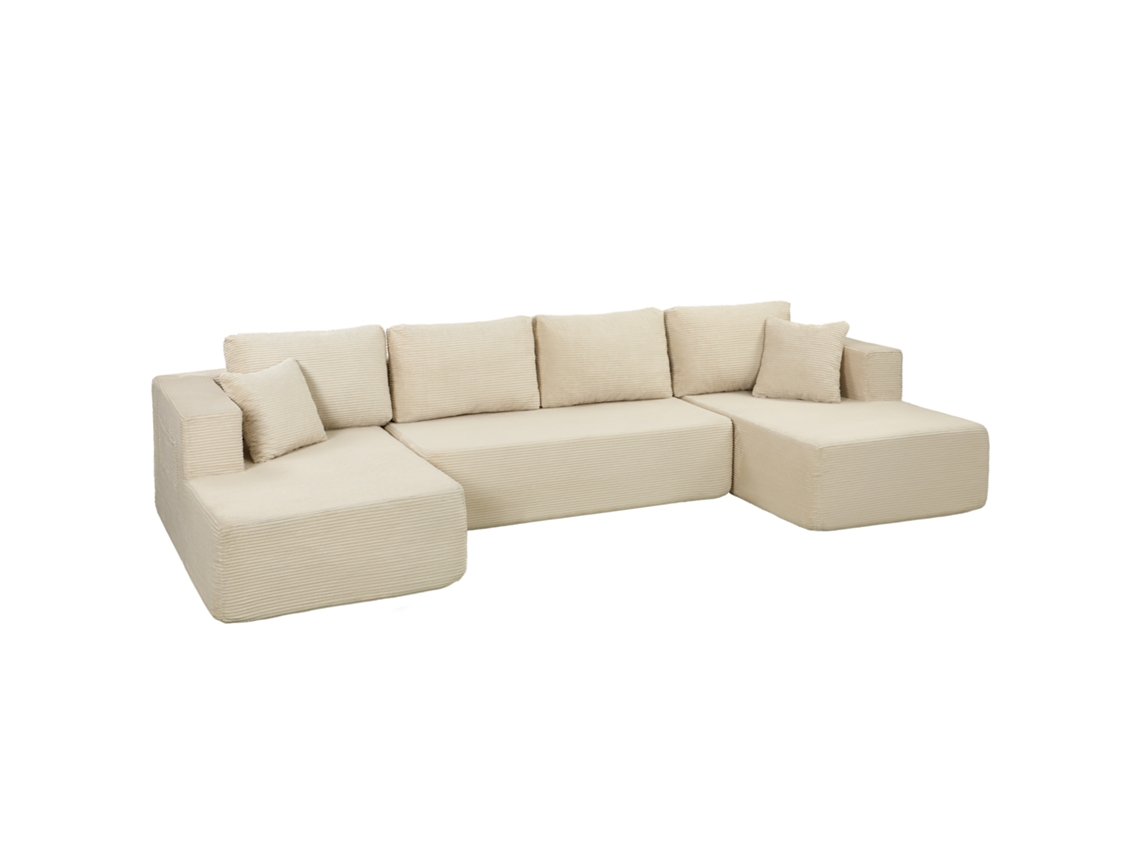 Sofá Modular U Comprimido 337 Cm, Conversível 4 Lugares Em Veludo Cotelê, Assento Amplo, Creme