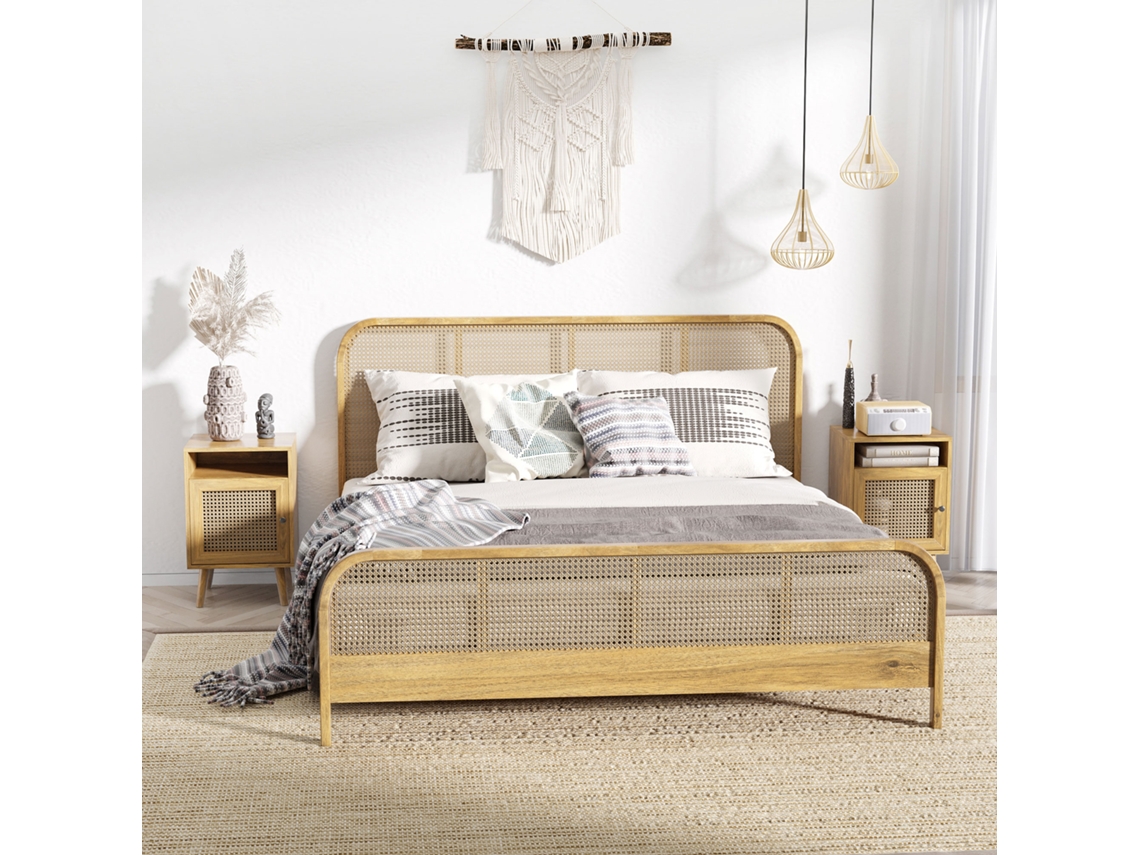 Conjunto Boho De 2 Criados-mudos Com Gaveta E Prateleira Aberta - Mdf E Rattan, 39x35x60 Cm