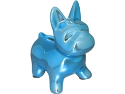Banco de Moedas de Cão Bulldog em Cerâmica, Decorativo, com Tampa de Borracha, Azul