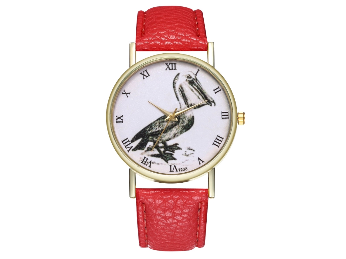 Relógio feminino de quartzo com pulseira de couro PU, mostrador redondo, estampa de pássaro vermelho, Zhoulianfa