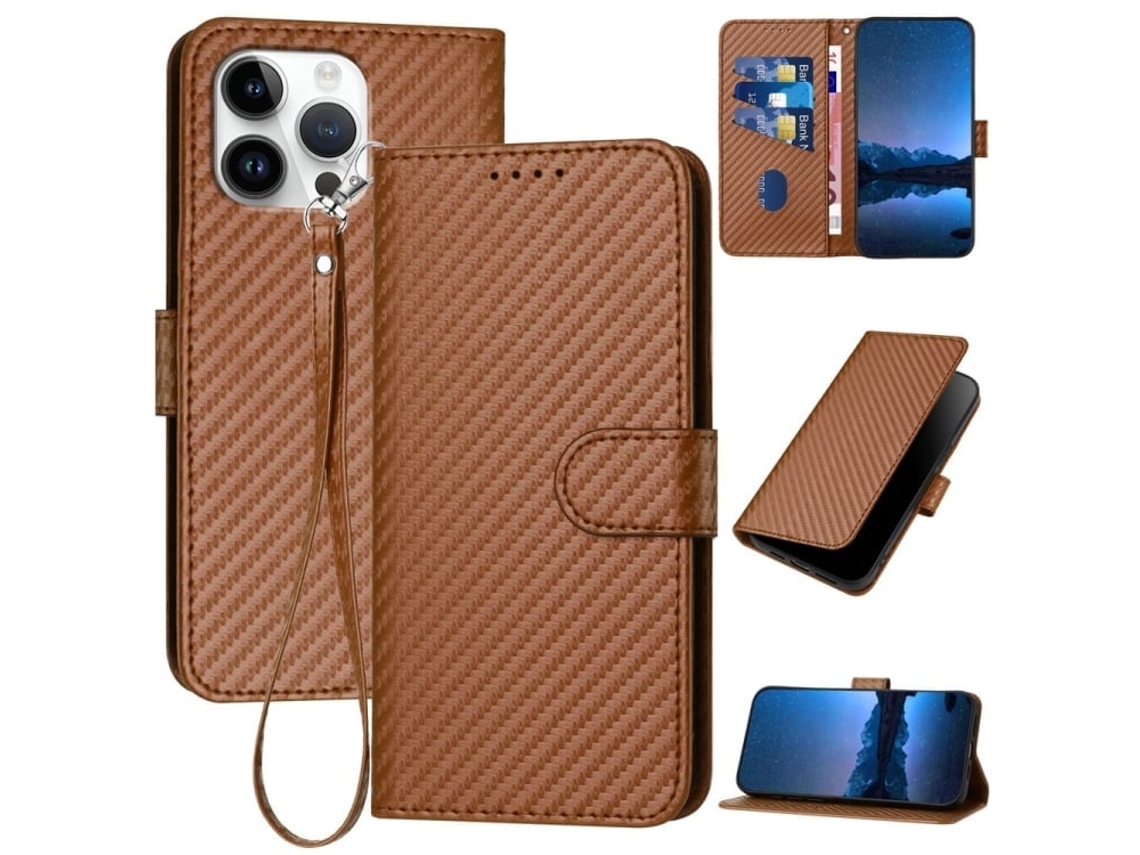 Capa De Couro Para Iphone 16 Pro Max - Fivela Em Fibra De Carbono - Com Cordão