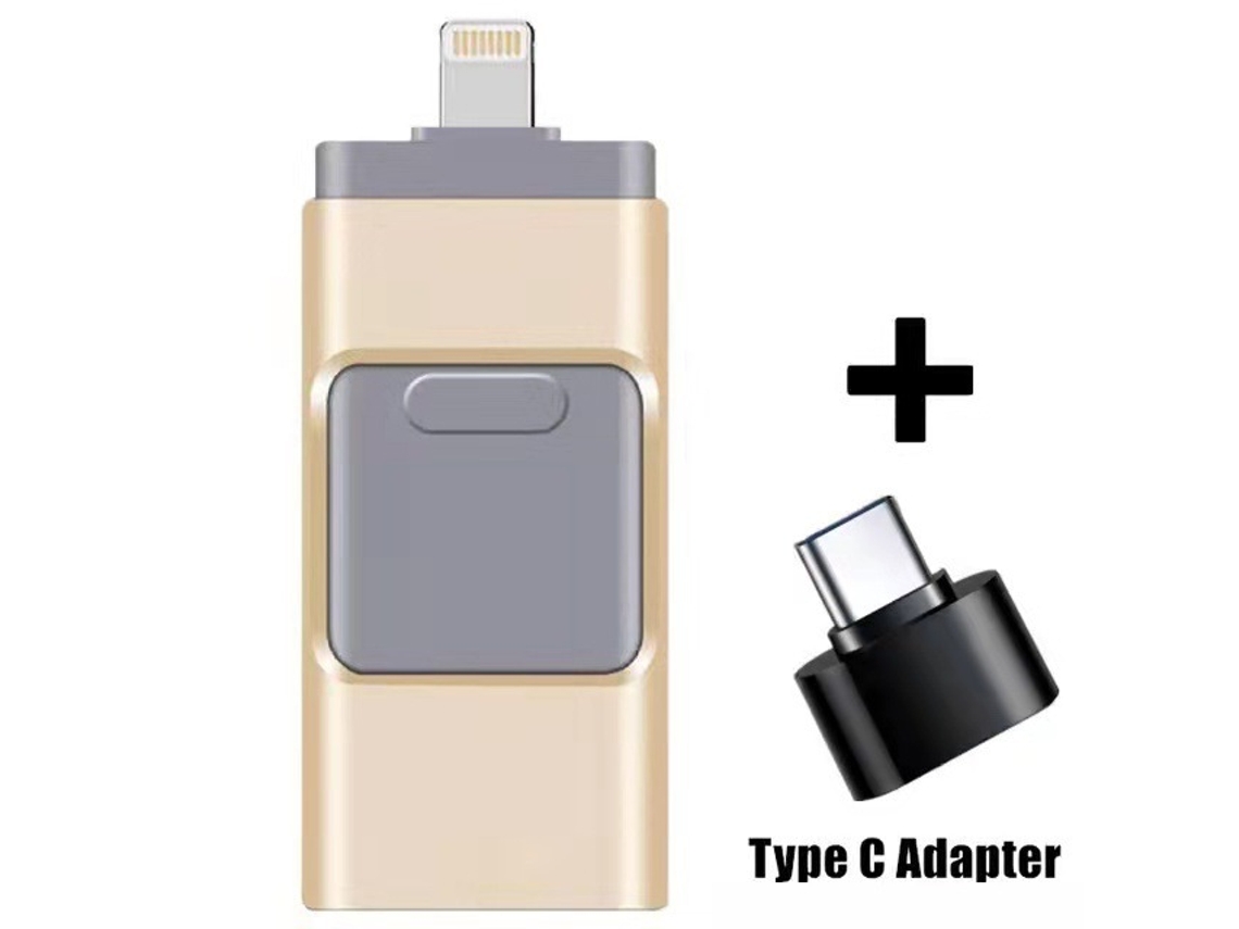 Pen Drive Usb 4 Em 1 Para Iphone, Ipad, Pc, Ios E Android Dourado Brilvibera (128 Gb)