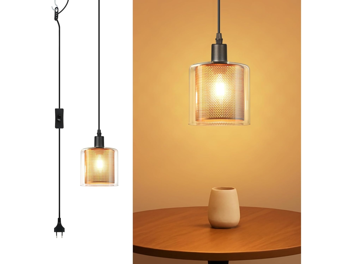 Luminária pendente vintage NETTLIFE com 1 lâmpada: Pendente de vidro dourado com plugue e interruptor, lâmpada E14, cabo metálico retrô de 4,5 m