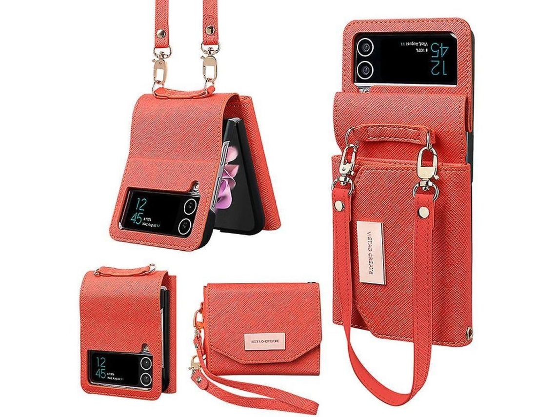 Funda De Cuero Giratoria Com Pulseira E Cartões Para Samsung Galaxy Z Flip 4 Xwzorange Naranja