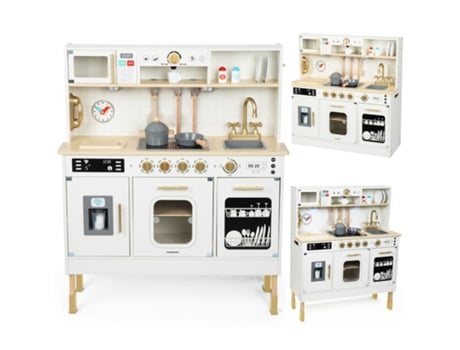 Cozinha Infantil em Madeira com Iluminação Led Cozinha de Brinquedo Interativa Micro-Ondas Máquina de Lavar Louça Máquina de Café MAMABRUM