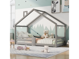 Cama Casa Infantil Cinza 90x200cm, Chaminé, Pinho (s/ Colchão).-op