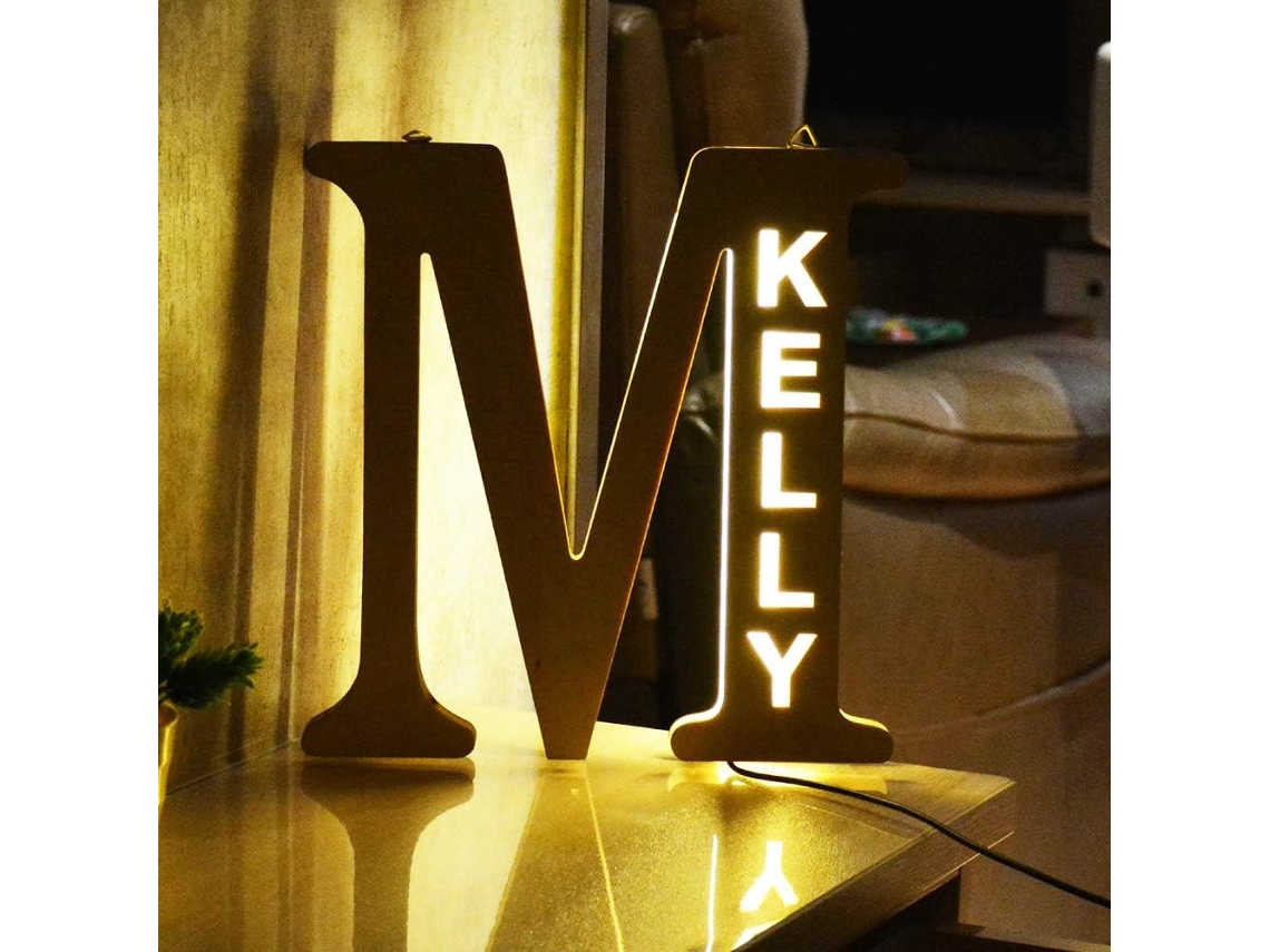 Decoração personalizada, luz noturna LED, nome gravado na minha mão, aplique de parede Madeira com letras, presente