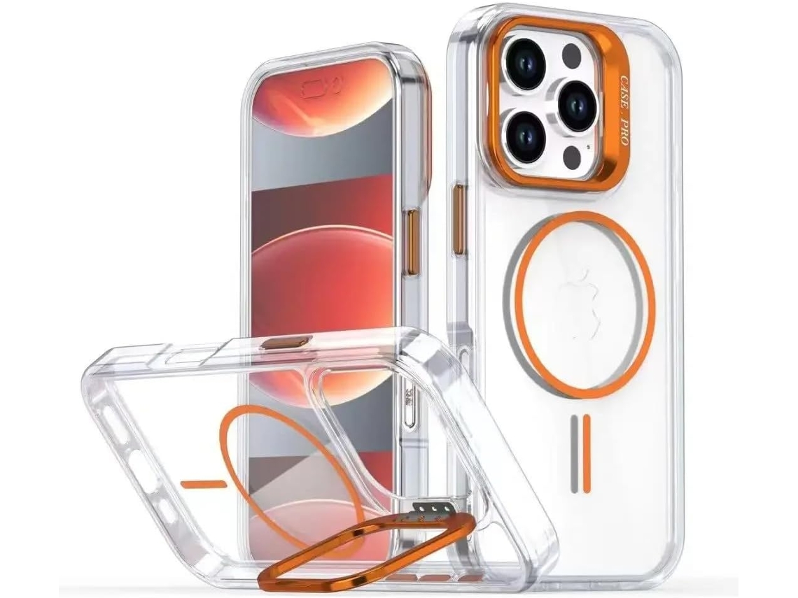 Capa Transparente Brilhante Para Iphone 14 Pro Max Com Suporte Magnético Para Lente E Lente De Tpu Resistente A Impactos - Laranja.