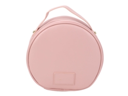 Bolsa organizadora de maquiagem portátil em couro PU rosa, ideal para viagens, com detalhes metálicos e design espaçoso.