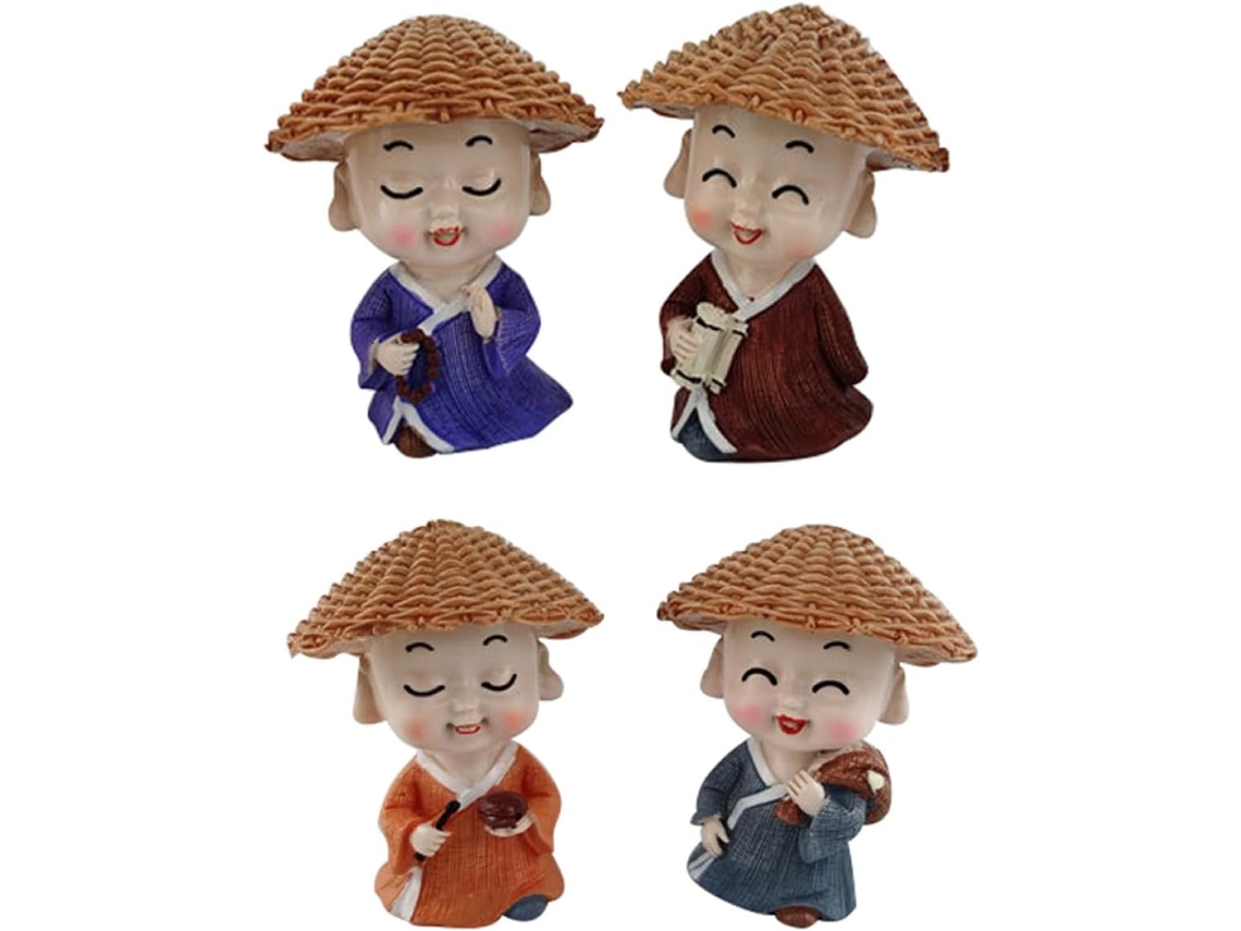 Conjunto 4 Estatuetas Resina Leves Duráveis Representando Pequenos Monges Decoração Interiores Exteriores Buda GOKOCO