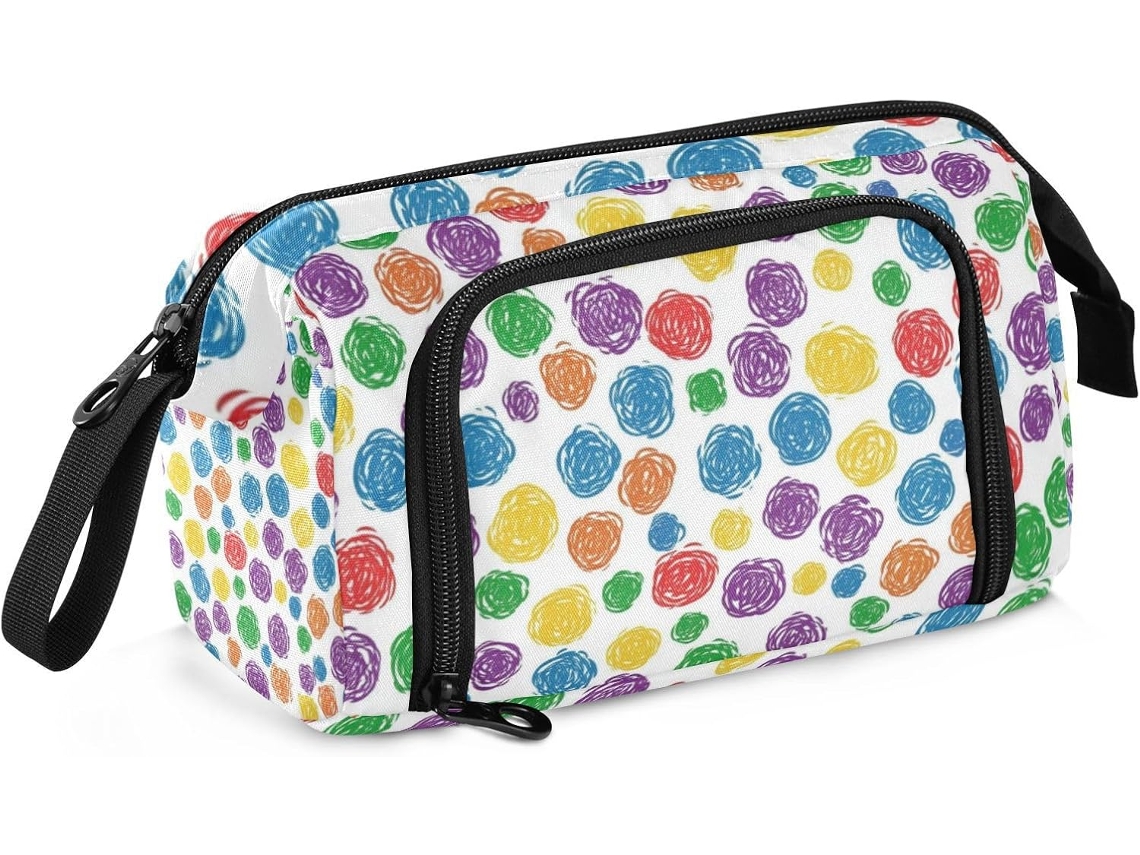 Estojo Grande com Compartimento para Lápis, Ideal Adolescentes e Meninos. Estampa de Círculos Coloridos. 24 X