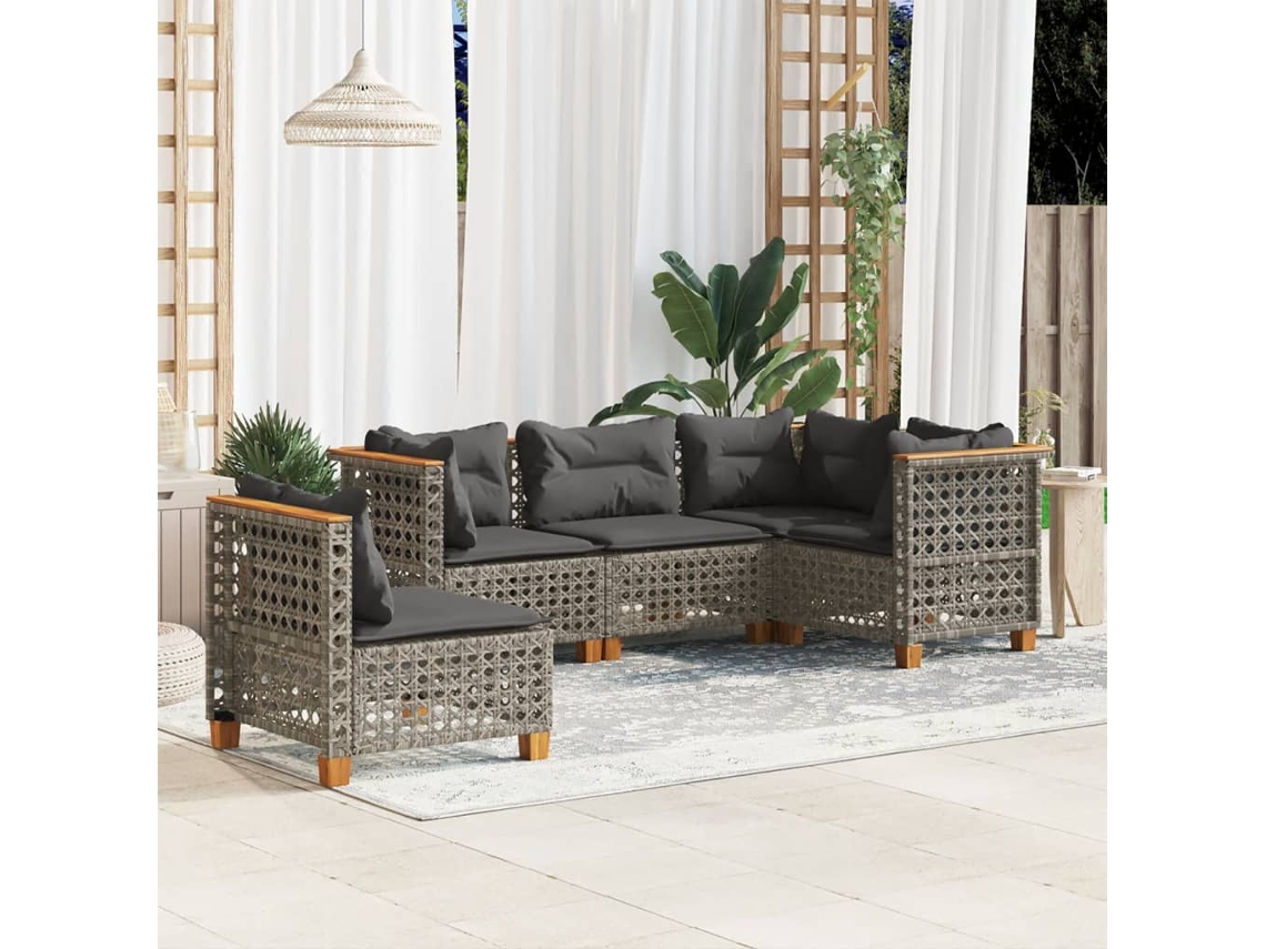 Vidaxl 5 Pcs Conjunto Sofás De Jardim C/ Almofadões Vime Pe Cinzento