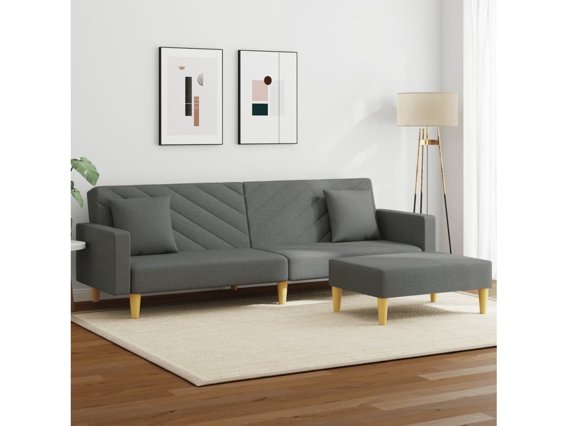 Sofá Cama 2 Lugares C/ Almofadas/apoio Pés Tecido Cinza Escuro Lovely Home