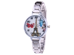 Reloj De Muñeca Unisex Con Correa De Acero Dial Redondo Patrón Torre Cuarzo Plata