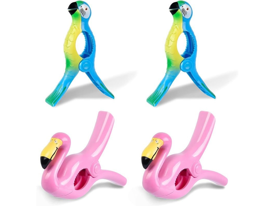 Prendedores de toalha de praia, prendedores grandes de plástico para roupas e toalhas com estampa de flamingo e papagaio.