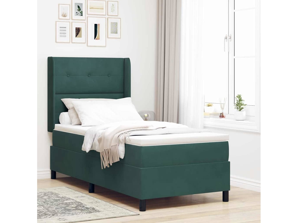 Vidaxl Cama Box Com Fitas Led Verde Escuro 90 X 200 Cm Veludo