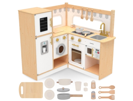 Cozinha Infantil em Madeira Cozinha de Canto Interactiva Frigorífico Micro-Ondas Forno Máquina de Lavar Roupa Acessórios MAMABRUM