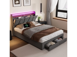 Cama Estofada, Cama Com Gavetas 140x190 Cm, Cinzento,com 2 Gavetas,led
