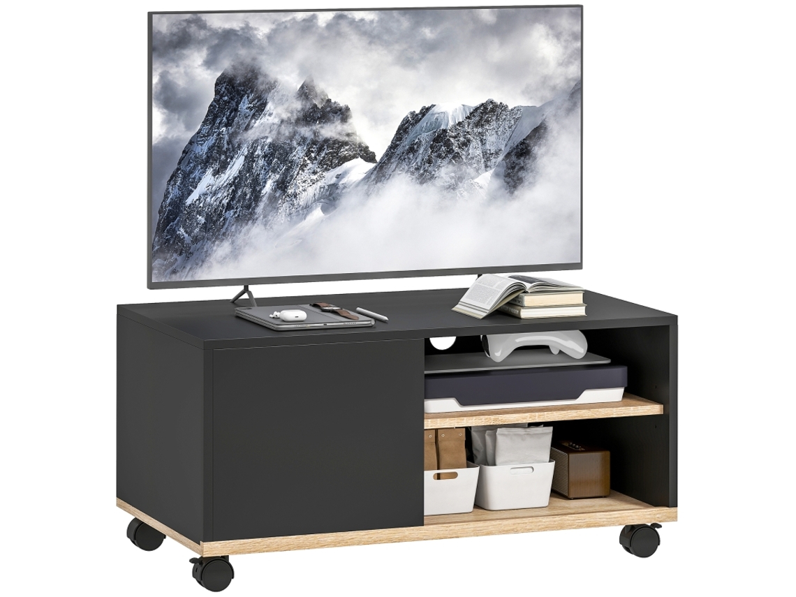 Suporte De Tv Com Rodas Para Televisores Até 42 Polegadas Com Prateleira Preta E Compartimentos Abertos 80x45x41 Cm