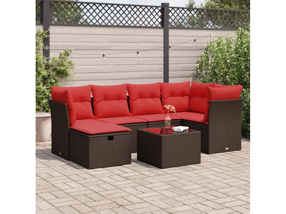 Vidaxl 7 Pcs Conjunto De Sofás Jardim C/ Almofadões Vime Pe Castanho