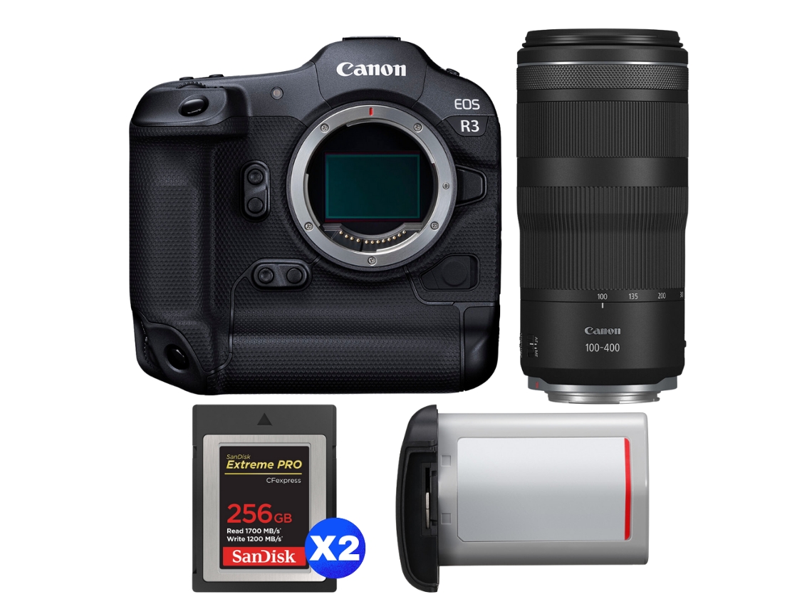 Eos R3 + Rf 100 400mm F/5.6 8 Is Usm + 2 Sandisk 256gb Extreme Pro Cfexpress Type B + Canon Lp e19 + Ebook Pricedirect CANON