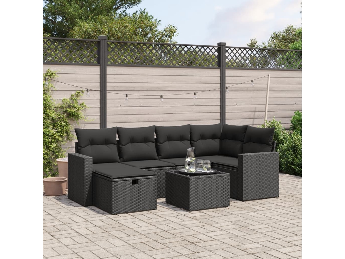 Vidaxl 7 Pcs Conjunto De Sofás P/ Jardim C/ Almofadões Vime Pe Preto