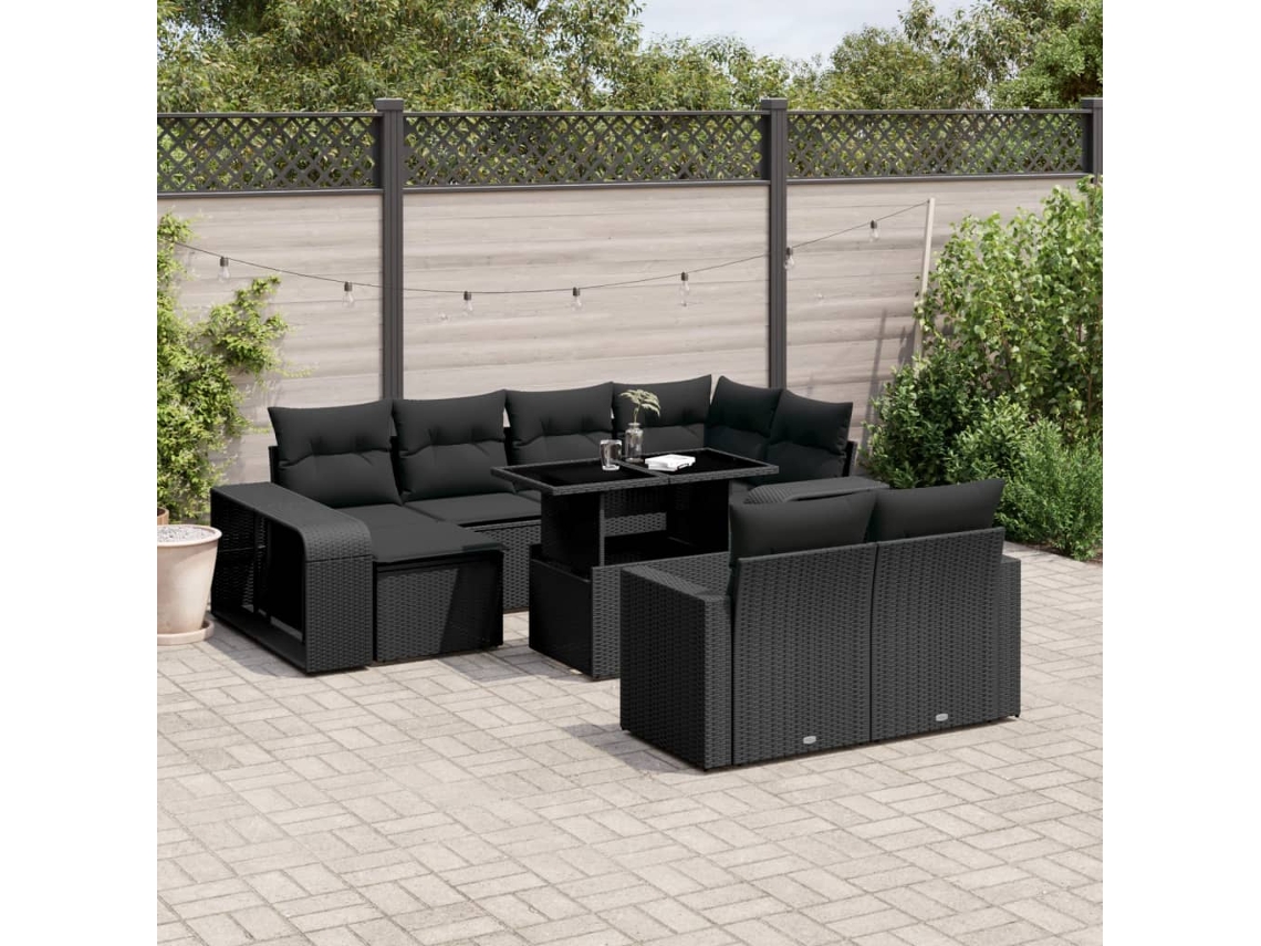 Jogo de Sofá Jardim 11 Peças C/ Almofadões Vime Pe Preto Dkd Home Decor