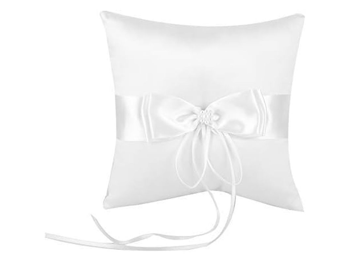 Almohadilla Para Anillos De Boda, Seda Blanca Con Nudo Y Perlas Simuladas, 20x20cm