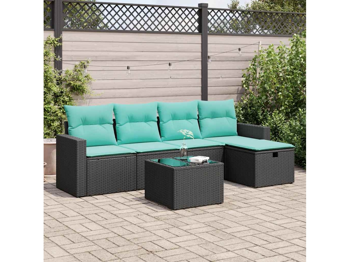 Vidaxl 6 Pcs Conjunto Sofás de Jardim C/ Almofadões Vime Pe Preto