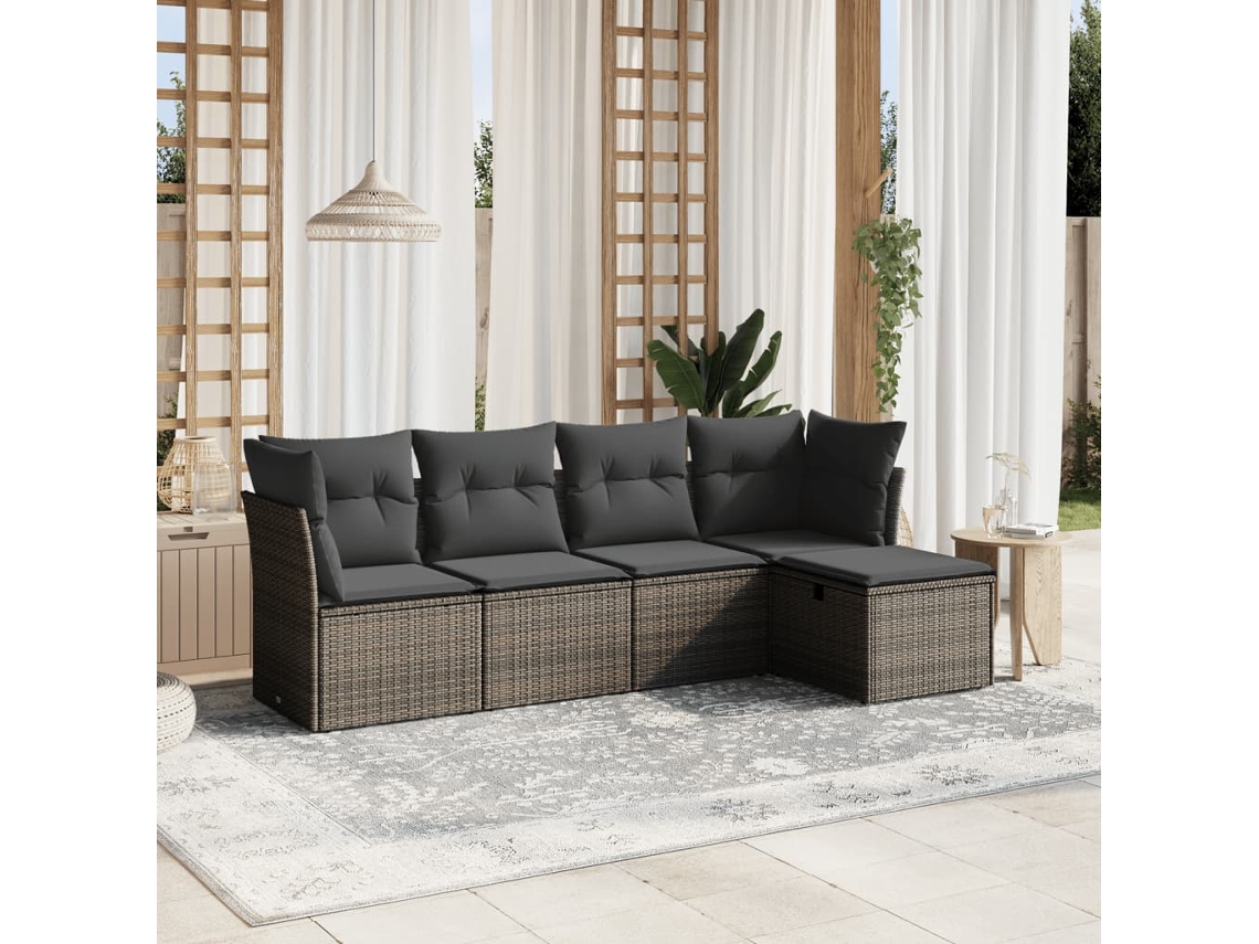 Vidaxl 5 Pcs Conjunto Sofás De Jardim C/ Almofadões Vime Pe Cinzento