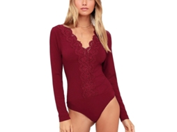 Fasst Body para mulher, com gola V, mangas longas, renda, botões, estilo elegante para festa | S/MARCA