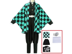 Traje De Cosplay Kamado Tanjirou Demon Slayer Kimono Calças Peruca Brincos Halloween Anime Kimetsu No Yaiba Traje 110 Cm