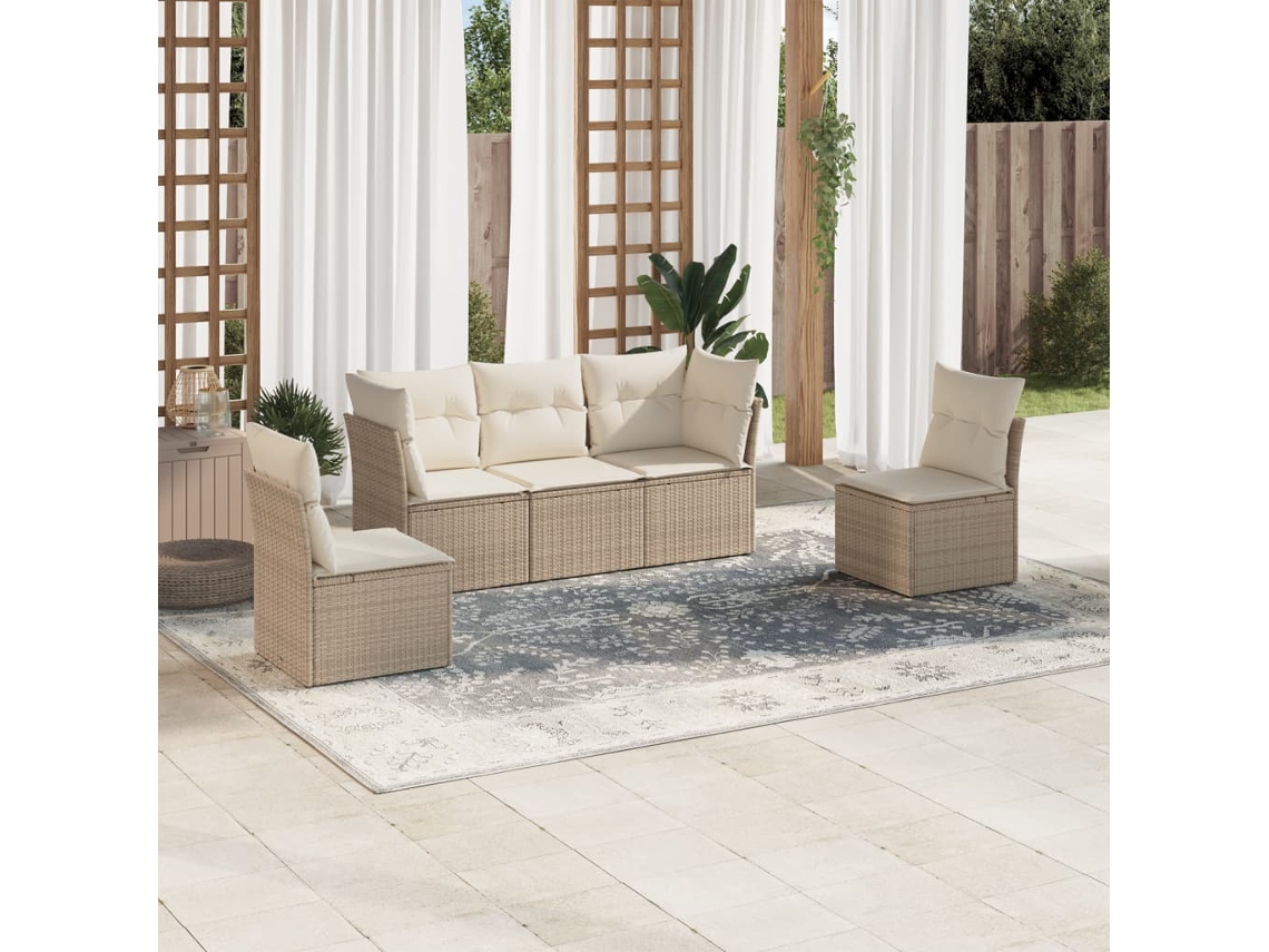 Vidaxl 5 Pcs Conjunto De Sofás P/ Jardim Com Almofadões Vime Pe Bege