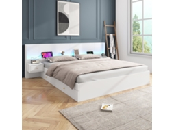 Cama de Casal 180x200cm, com LED app, USB, tomadas, 2 criados-mudos com gavetas, capacidade 300kg, sem colchão, branco, KOMHTOM