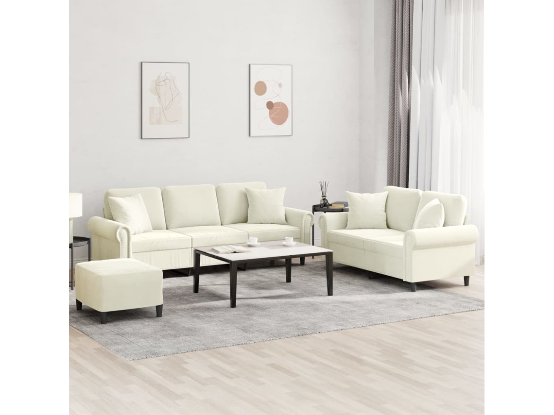 Vidaxl 3 Pcs Conjunto De Sofás Com Almofadas Veludo Cor Creme