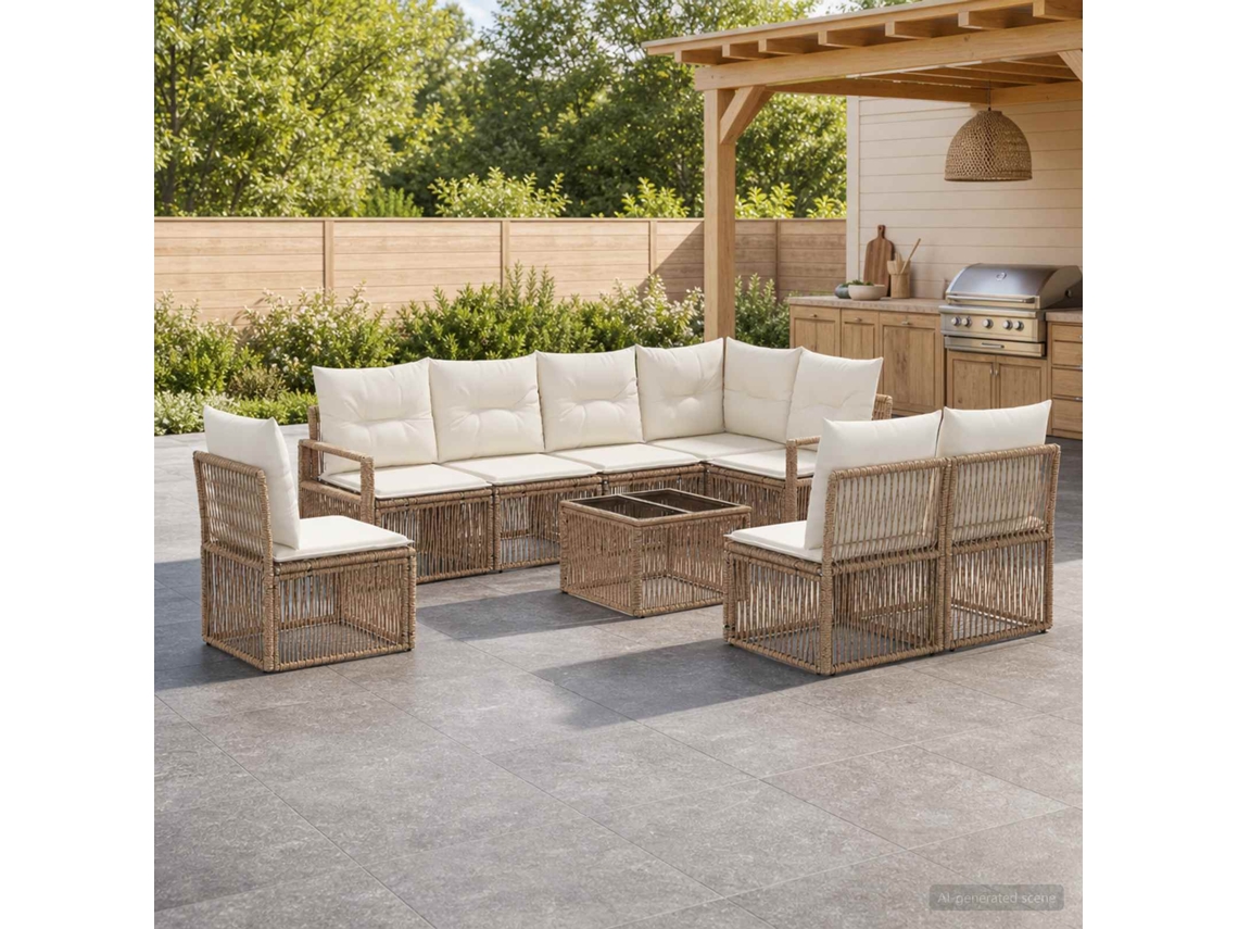 Vidaxl Conjunto De Sofá De Jardim 9 Unid. Bege Vime Pe