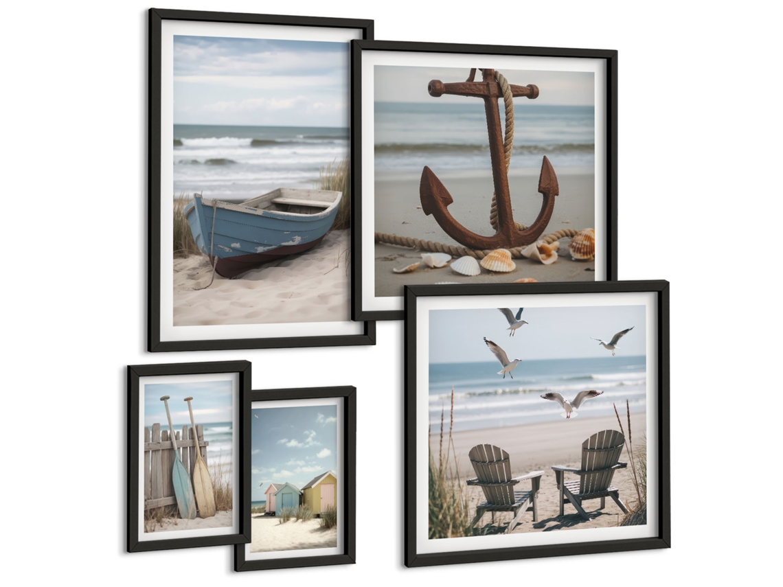 Composição De Quadros Na Parede Praia, Pranchas De Surfe, Pássaros Moldura Preta Imagens Para Um Quarto Infantil Espelharte (conjunto De 5 Imagens)