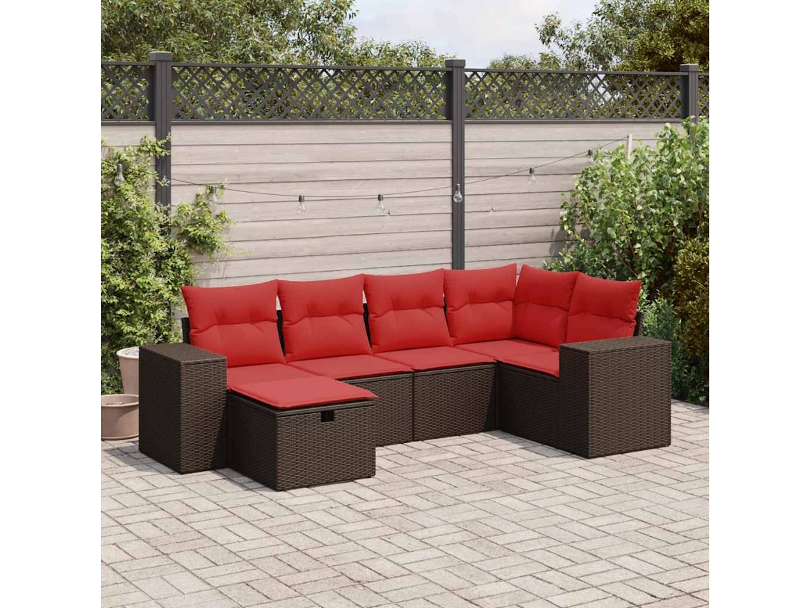 Vidaxl 6 Pcs Conjunto De Sofás Jardim C/ Almofadões Vime Pe Castanho