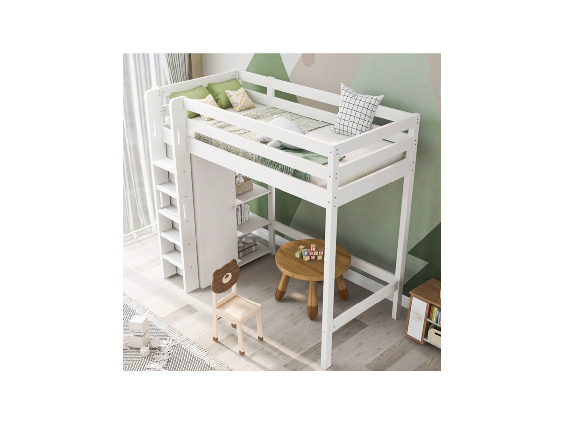 Cama Alta Infantil 90x200 Cm,estrutura De Cama De Solteiro Com Armário E 6 Prateleiras,branca,material De Alta Qualidade Btforus (sem Colchão)