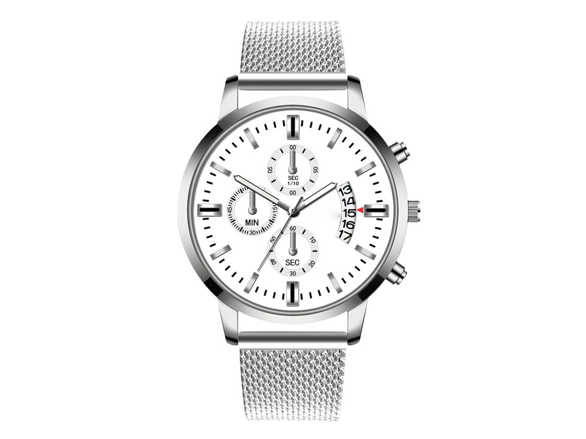 Relógio masculino casual com mostrador redondo colorido, movimento de quartzo e pulseira (branco e prateado).