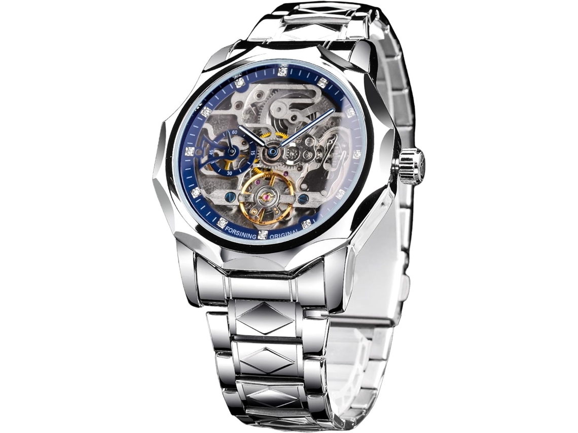 Lurelia Relógio Mecânico Masculino, Automático, Luminoso, Detalhes Com Strass, Mostrador Esqueleto, Turbilhão, Aço Inoxidável, Vidro Mineral