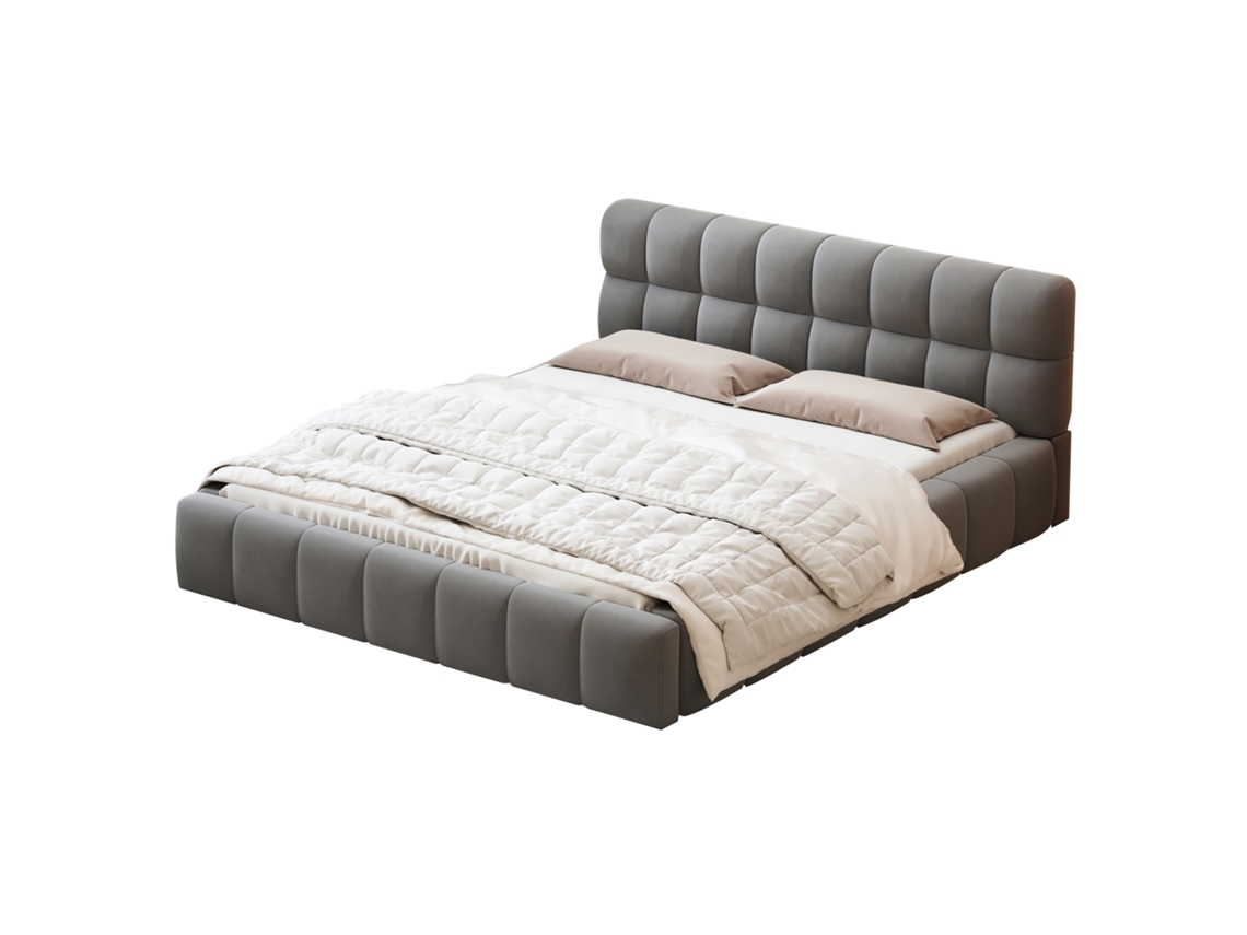 Cama De Casal Adulta 140x200 Cm Com Cabeceira Estofada Com Folhos, Estrado De Ripas, Design Moderno, Linho, Cinzento, Sem Colchão